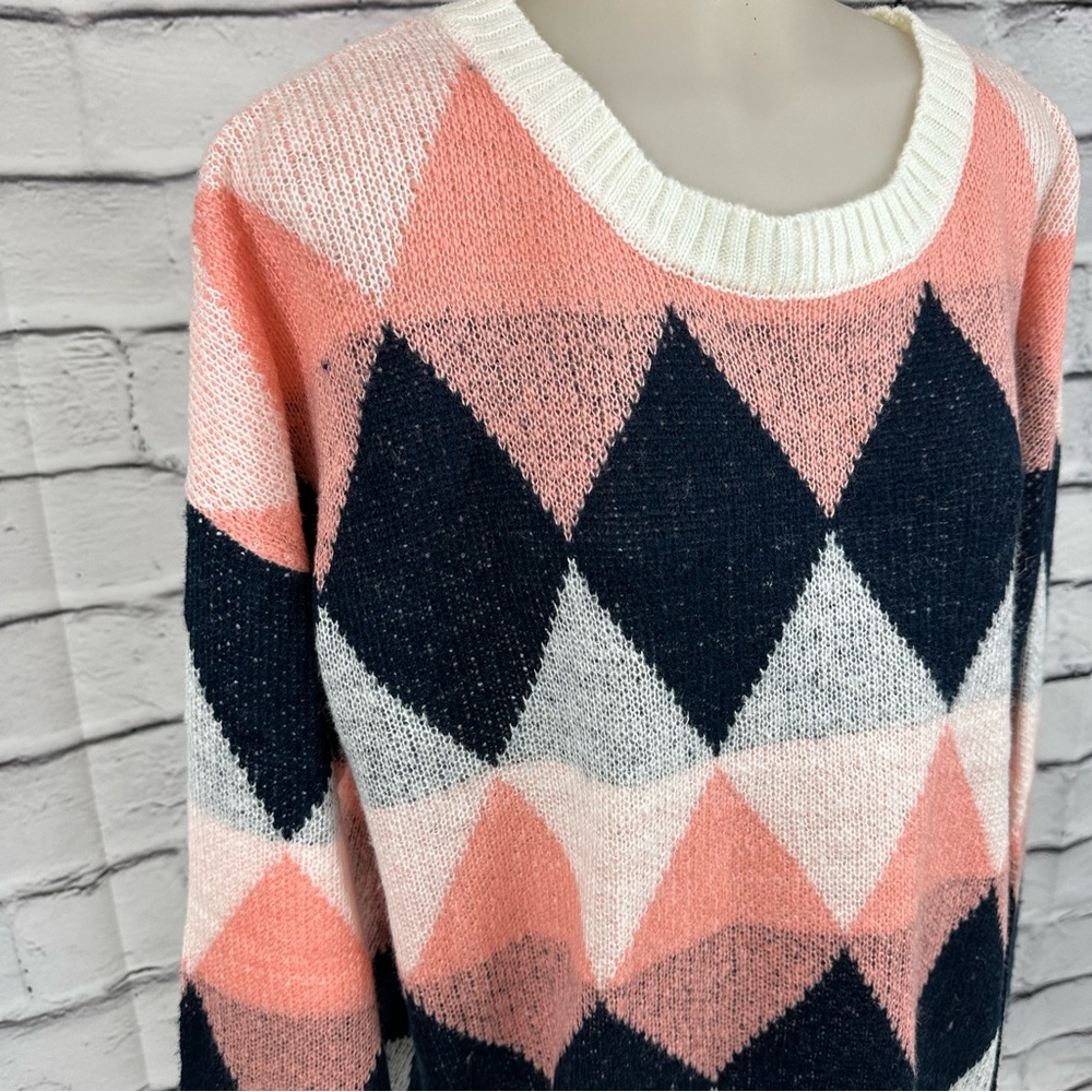 FAVLUX Sweater Argyle Diamond Blue peach cream Long Sleeve Crew Ribbed L… - Picture 3 of 11